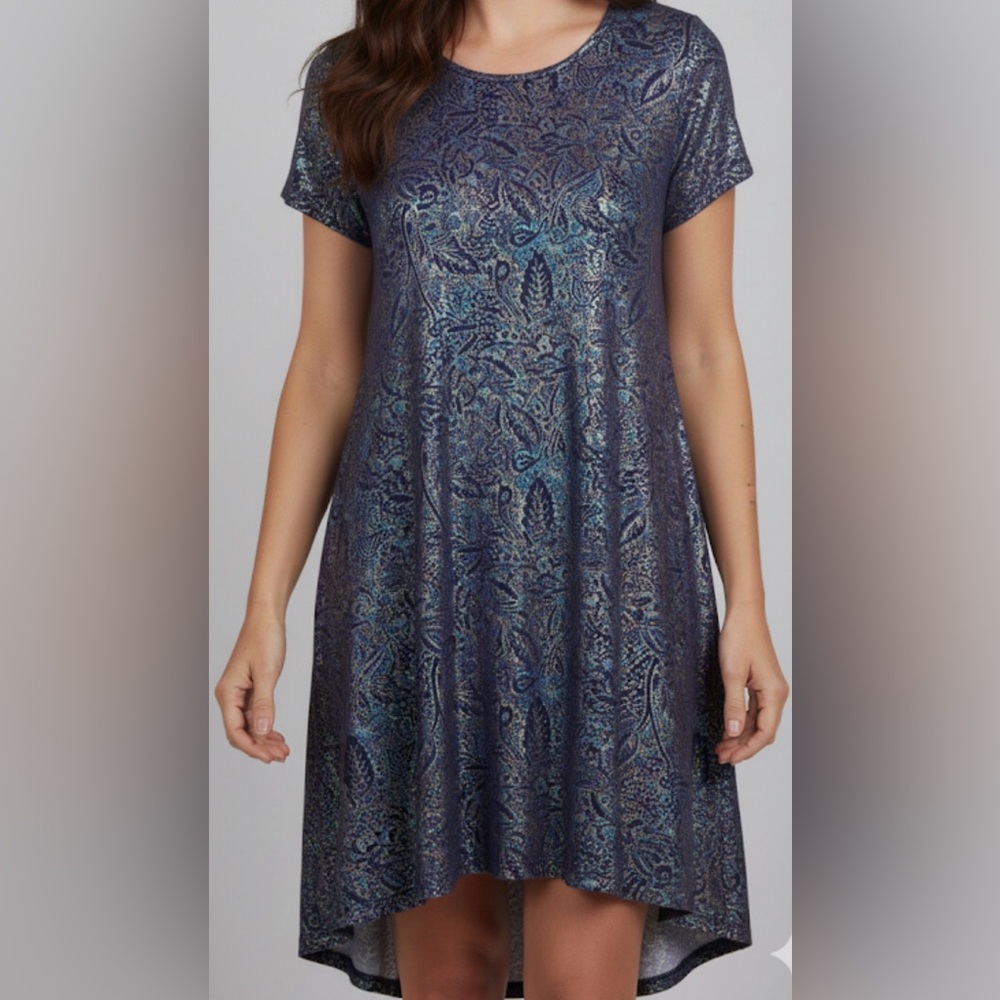 Lularoe metalic  carly swing  short sleeve‎ mididress size xxs baggy colorfull